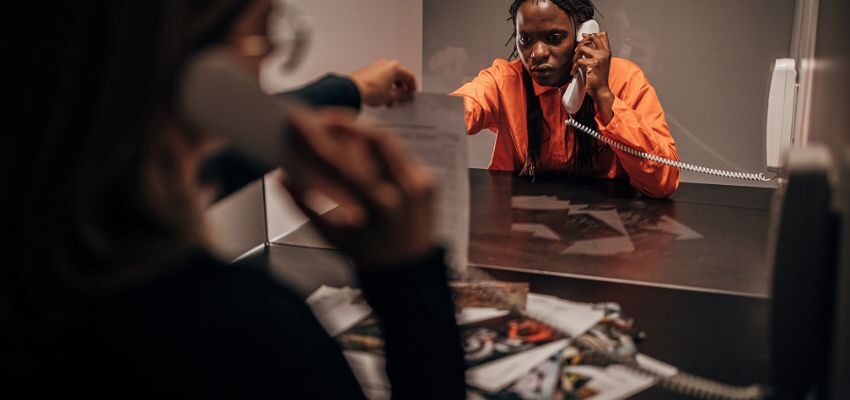 A female inmate talks to her lawyer.